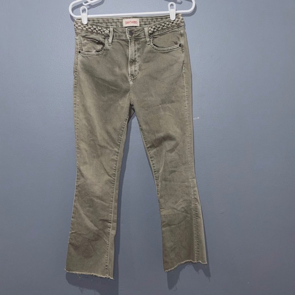 Driftwood Roxy Jeans Women 27 Olive Green Cotton Blend‎ Braided Waist Boho Flare
